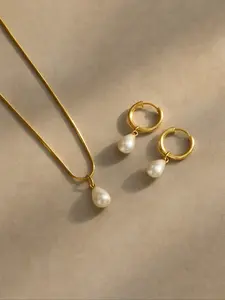 Women's Elegant 3-Piece Stainless Steel Water Drop Pearl Hoop Earrings & Necklace Set, /silver Color, Durable Design