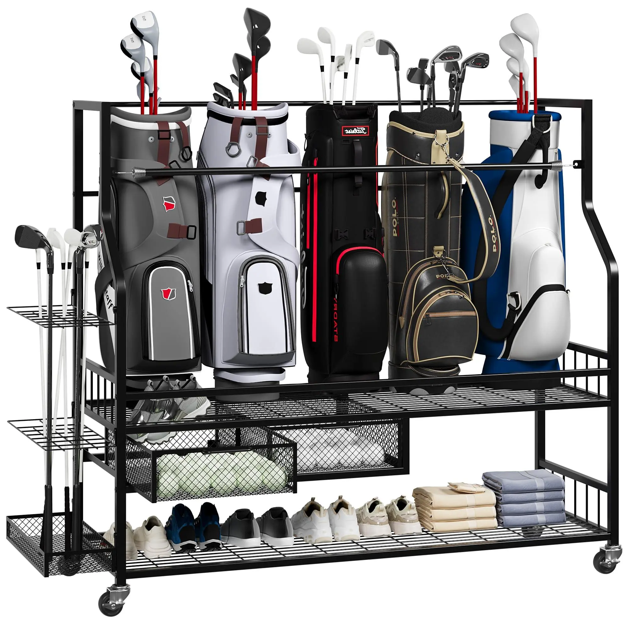 Golf Bag Storage Garage Organizer, Golf Bag Stand Fit for 4 Golf Bags, Golf Clubs, Golf Balls, Golf Equipment Accessories, Golf Bag Storage Rack with Wheels for Garage, Club, Shed, Basement