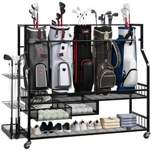 Golf Bag Storage Garage Organizer, Golf Bag Stand Fit for 4 Golf Bags, Golf Clubs, Golf Balls, Golf Equipment Accessories, Golf Bag Storage Rack with Wheels for Garage, Club, Shed, Basement