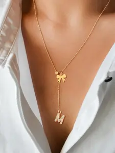 Women's Elegant Zirconia Initial Bow Pendant Necklace, Letter Necklace, Stainless Steel Chain, Fashionable Sweet Style Jewelry