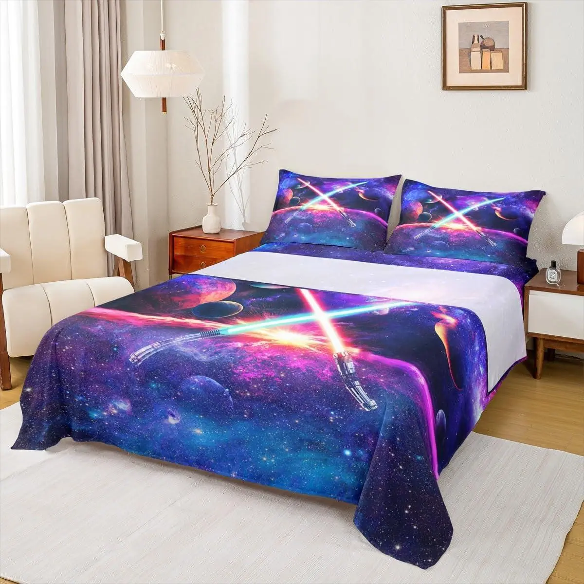 Light Up Sword Sheet Set,Galaxy Universe Planet Bedding Set Room Decor,Trippy Star Sky Bed Sheet Watercolor with 1 Fitted Sheet+1 Flat Sheet +,Purple