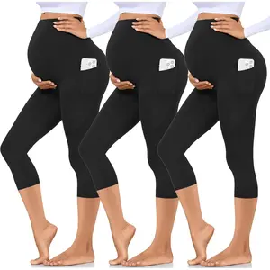 3 Pack Maternity Capri Leggings with Pockets-Buttery Soft Workout Pregnancy Yoga Pants