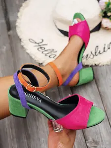 Women's Multicolor High Heel Sandals with Single Buckle Strap, Fashionable Elegant Round Toe, Perfect for Commuting Parties