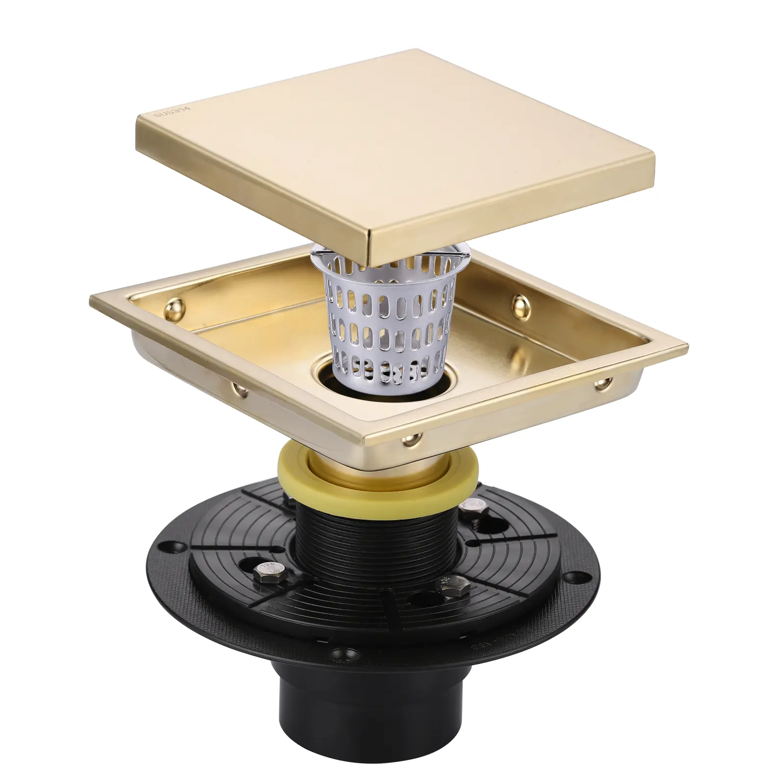 WOWOW Durable Stainless Steel Square Bathroom Shower Drain - 6x6 in, 4.5 in. L Gold Tile-In Cover, Removable, Adjustable, Key-Operated, Anti-Oxidation, 2 in. Central Outlet, Easy Installation for Bathrooms, Basements, Shower Water Equipment