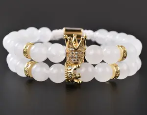 Anala White Crown Charm Classic Natural Stone Milky Jade Beads Bracelets 2 Pcs Set For Adults 18-23 cm Length Excellent Quality
