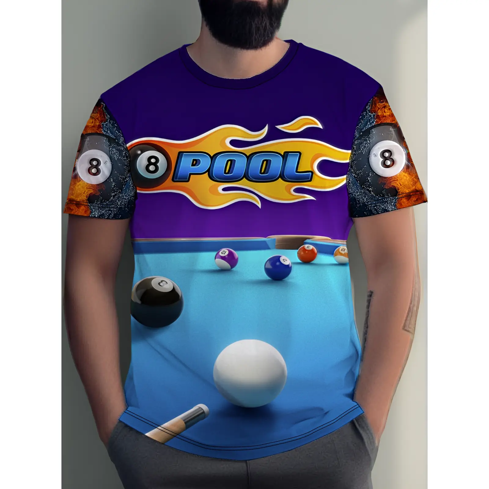 3D Billiard Ball Men's T-shirt, 3D Digital Print Design, Round Neck Short Sleeve T-shirt, Casual Apparel, Billiard Clothing, Printed T-shirt, Machine Washable, Casual Top, Graphic Shirt, Men's Casual Wear, Men's 3D Football T-shirt, Men's 3D Sports