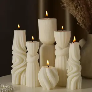 6 Pcs Small Pillar Candles Aesthetic Candle Modern Ribbed Candles Set Cute Soy Wax Scented Ribbed Candle Twirl Geometric Decorative Candles for Home Decor for Living Room Bathroom(White)