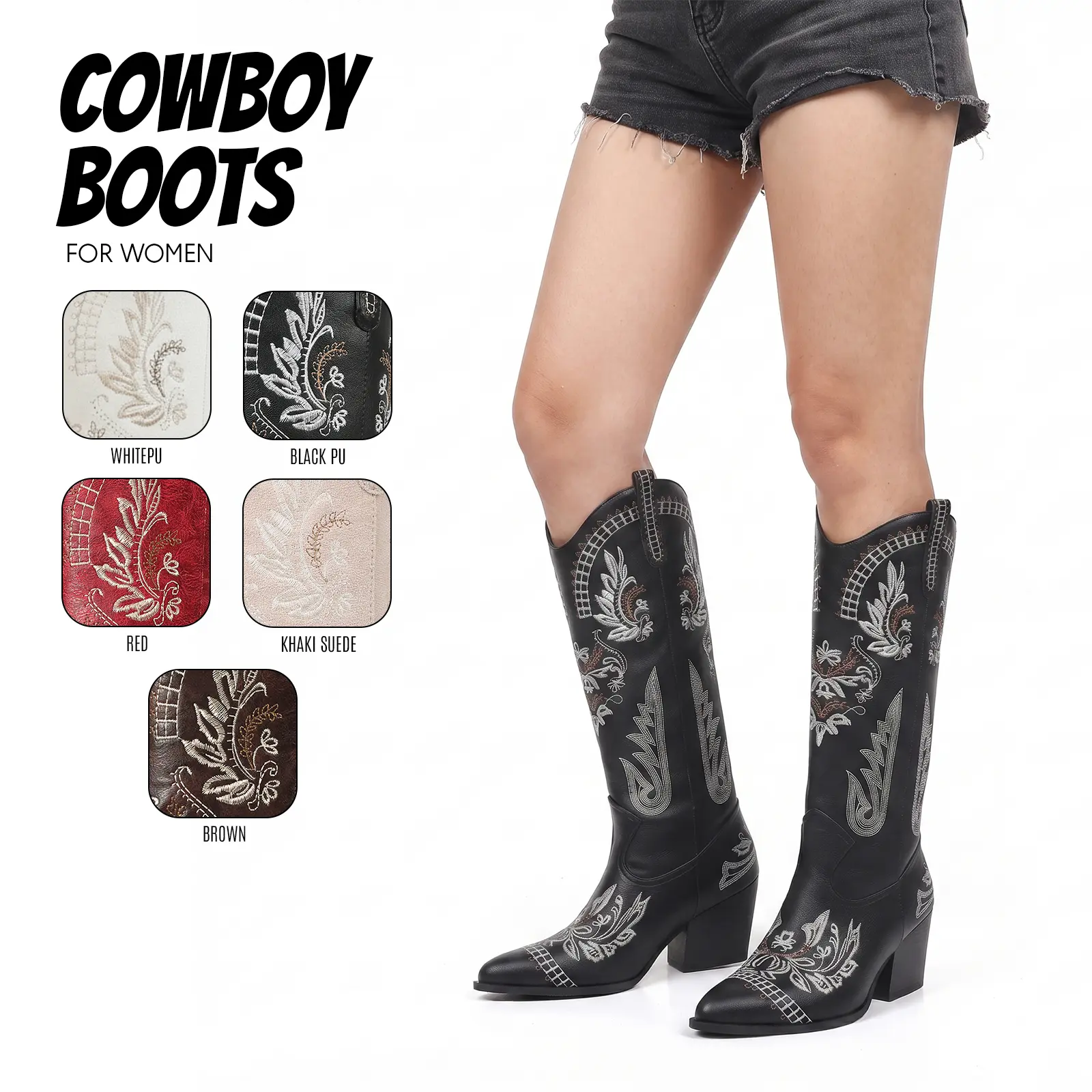 Cowboy Boots For Women Western Cowgirl Boots Knee High Pointed Toe Chunky Block Heel Embroidered Suede Pull On Comfy Wide Calf Party Country Wedding Festival Riding Retro Classic Western Cowgirl Tall Fashion Boots
