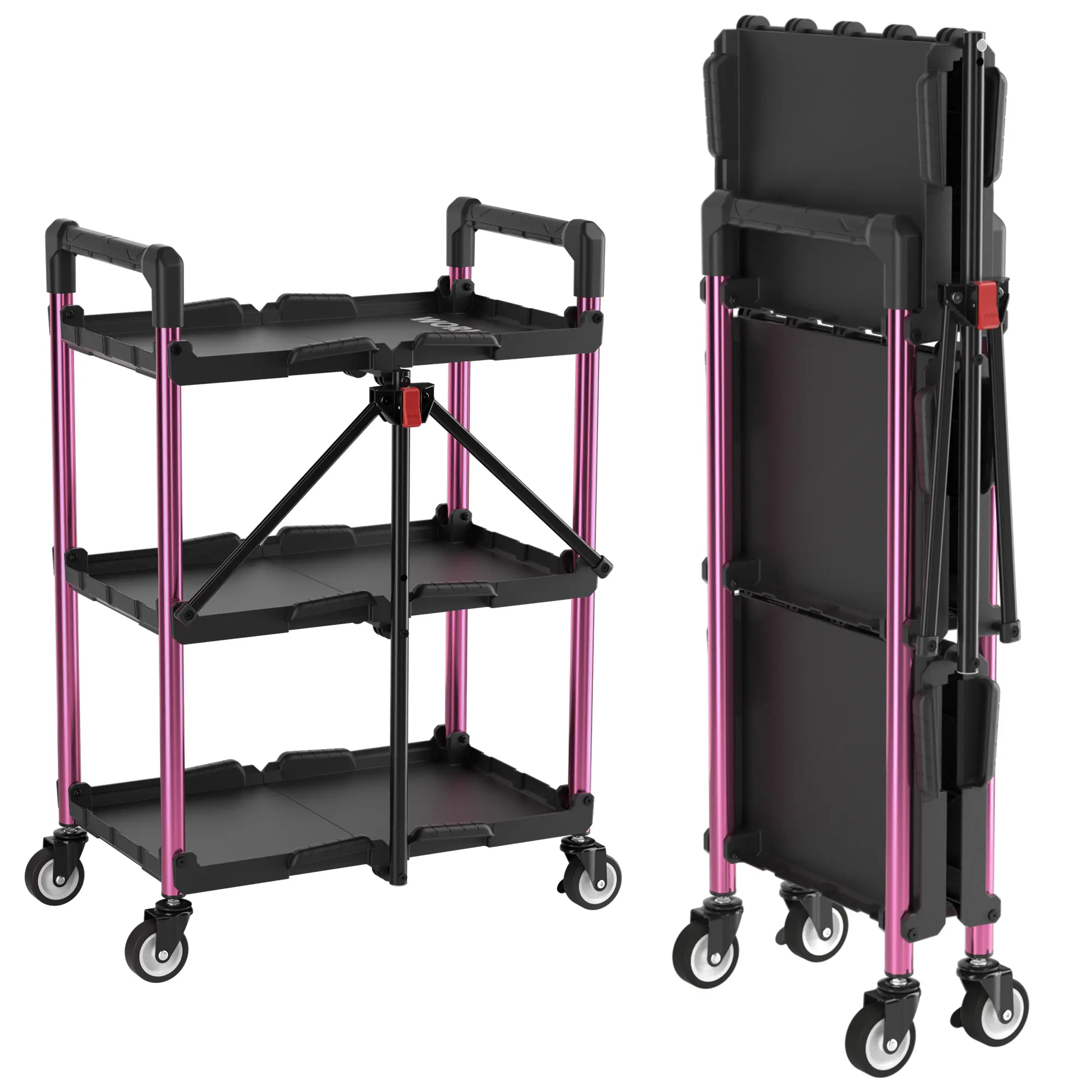 WORKPRO 3-Tier Collapsible Utility Cart, 210 LBS Cart with Wheels | No Assembly Required, Foldable Service Cart with Spacious Shelves for Garage, Warehouse, Office & Home Use
