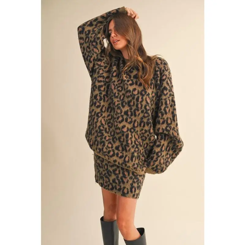 Animal Printed Oversized Sweater Top And Skirt Set