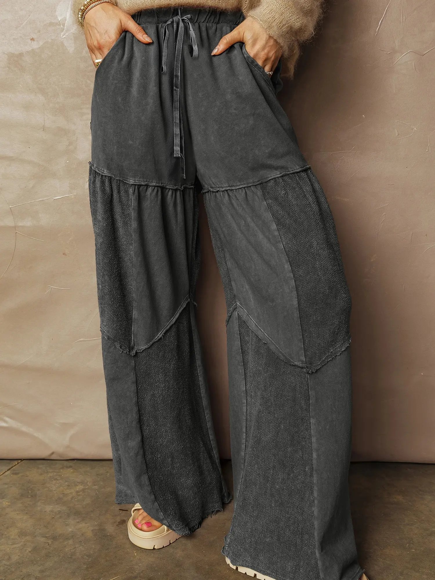 Bohemian Palazzo Pants for Women, Plus Size Curvy Clothing with a High-Waisted Tiered Patchwork Design and Mineral Faded Wash, Bohemian Bottoms, Plus Size Clothes, Women's Clothes, Boho Clothes For Women