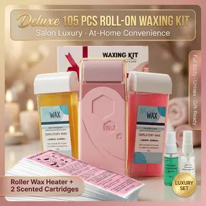 105 Items Luxury Roll on Wax Kit (2 X Wax Rollers, 1 X Roll on Wax Warmer, 100 X Strips, 1 X Lavender Oil, 1 X Spray), Pro-Grade Home Wax Machine And Wax Beads for Face/Brazilian/Full Body/Bikini/Sensitive