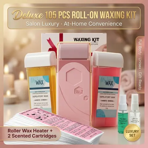 TAZTIR 105-Piece Luxury Roll-On Soft Waxing Kit - Warmer, 2 Rollers, 100 Strips, Lavender Oil, Spray - Gentle All-In-1 Multi-Item Kit for Face & Body, Sensitive & All Skin Types Hair Removal