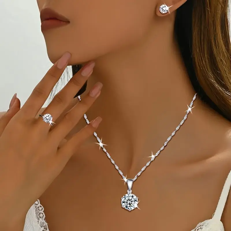 The 3pcs Moissanite-encrusted Women'S Jewelry Set Is Perfect For Wedding Parties And Everyday Outfits, And Can Also Be Given As A Gift To Your Beloved On Christmas, Mother'S Day, Easter Birthday, And So On
