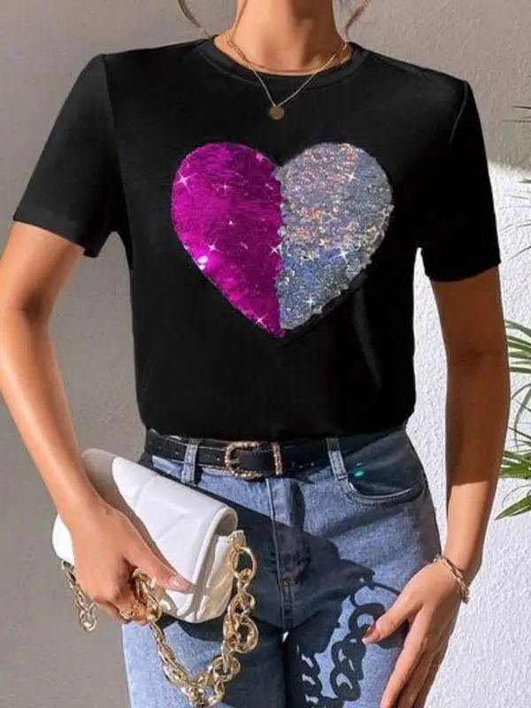 Sparkling Heart Sequin Short Sleeve Tee with Round Neck