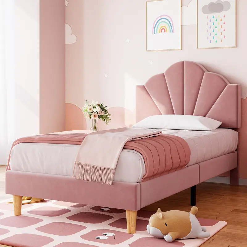 GARVEE Blush Pink Twin Size Contemporary Velvet Bed Frame - Modern Furniture, Height-Adjustable Shell Headboard, Strong Adhesive Slats Support, Metal Frame, Noise-Free, No Box Spring Needed (Ideal for Girls)