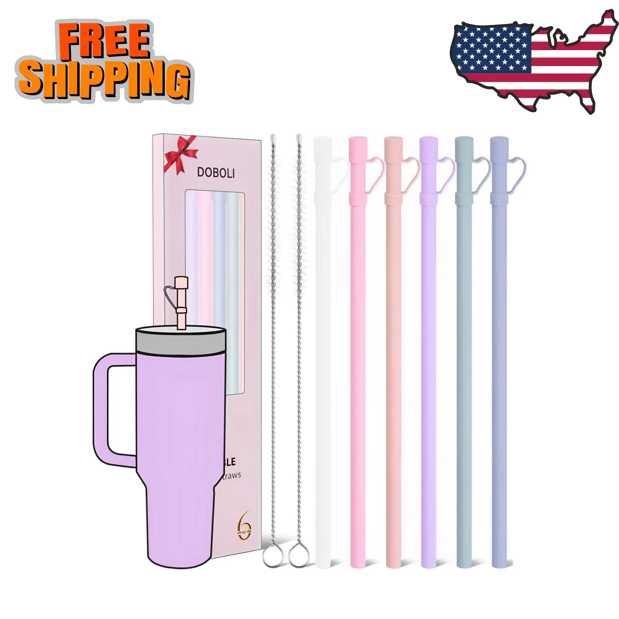 Reusable Replacement 12 inch Long Silicone Straw With Cover Compatible with Stanley Tumbler 40 oz 30 oz (6 Pack)
