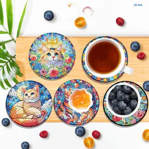 6pcs Sturdy Wooden Round Holder 2D Flat DIY Diamond Painting Coffee Coaster Tableware Set, Creative Needlework Toy for Gifting & Home Decor, Artistic Feel Enhancer