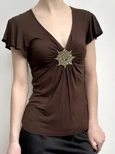 Vintage Rhinestone V-Neck Fitted T-Shirt, Pleated Hem Y2K Short Sleeve, Spring Summer Grunge Women's Top, Fashionable Casual Wear