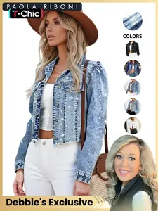 【Debbie's Exclusive】High Elasticity Denim Jacket with Fitted Design, Collared, Casual Plain Basic Ripped Style for All Seasons, Long Sleeve Women's Outerwear Coats
