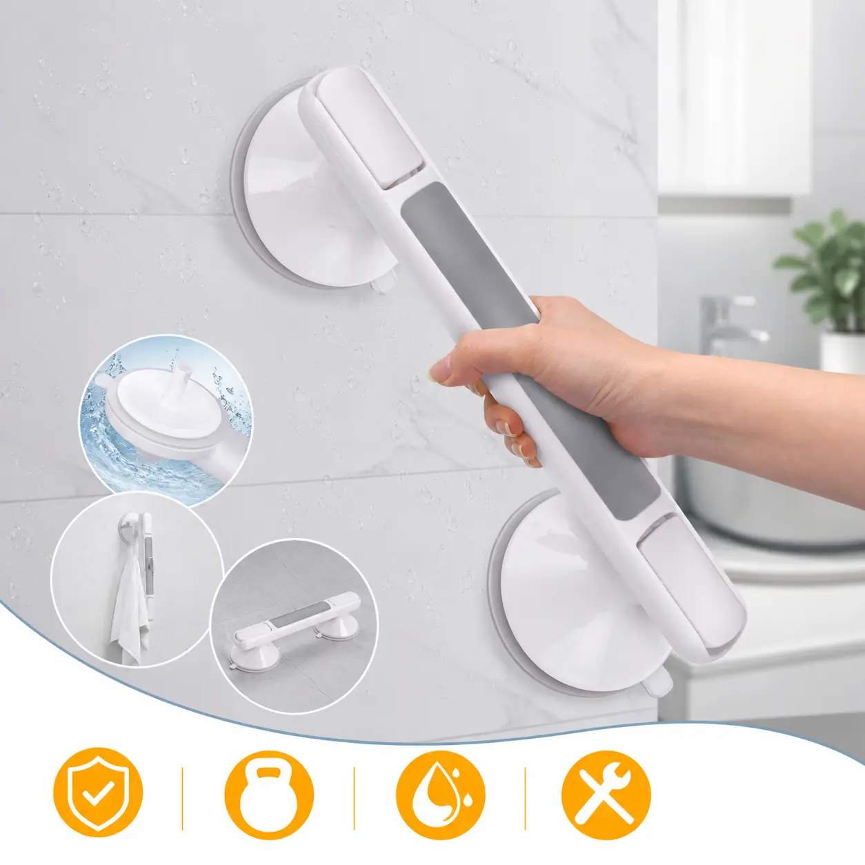 12-Inch Premium Bathroom Safety Grab Bar - 220 lbs Capacity, Tool-Free Instant No-Drill Suction Cup Install, No Adhesive, Heavy-Duty, Ergonomic Design, Comfortable & Secure Grip, Maximum Stability for Seniors & Disabled