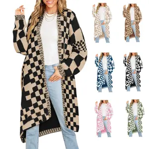 Lannew Womens Checkered Long Cardigans Chunky Oversized Open Front Batwing Sleeve Color Block Knit Sweater Coats