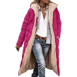 Womens Winter Long Puffer Coat Oversized Long Sleeve Reversible Fleece Hooded Zip Up Quilted Down Parka Jacket