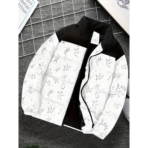 Oversized Men G Print Zip Up Jacket Winter Going Out Black Bubble Coat, For Friends. Husband, Boyfriend Gifts, Jacket, Outerwear, Cheap Jackets Coat Halloween Clothes