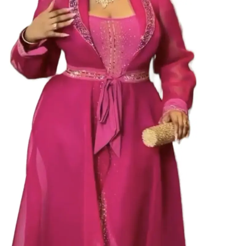 Women’s Luxury Fuchsia Rhinestone Mesh Overlay Maxi Dress with Belt