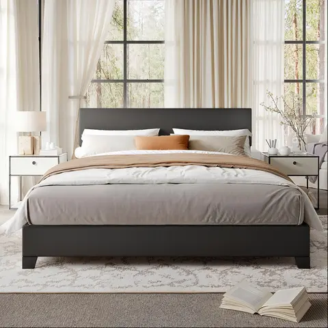 MUTICOR Full/King/Queen Bed Frame Size Upholstered Platform Bed Frame with Line Fabric & Adjustable Headboard,【Frame Only No Mattress】 Wood Slats Support,No Box Spring Needed