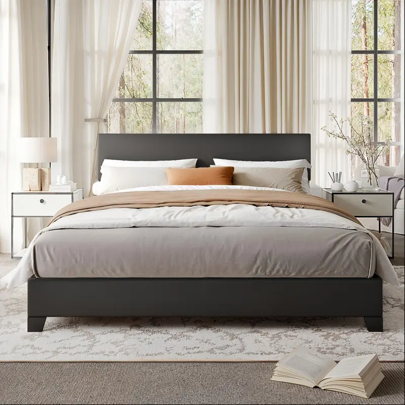 MUTICOR Full/King/Queen Bed Frame Size Upholstered Platform Bed Frame with Line Fabric & Adjustable Headboard,【Frame Only No Mattress】 Wood Slats Support,No Box Spring Needed