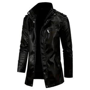 Vintage Style Mid-Length Faux Leather Jacket - 1pc Stand Collar Coat with Zipper Closure, Polyester Lining, Solid Color, Regular Fit, Non-Stretch Fabric