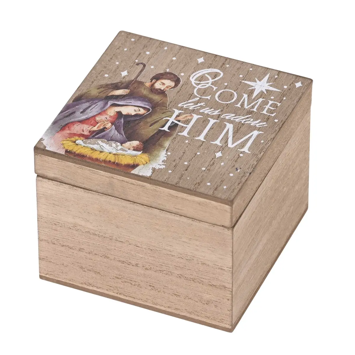 212 MAIN Square Wooden MDF Nativity Themed Keepsake Memory Storage Box - "O Come Let Us Adore Him" Design, Removable Lid, 4x4x3 in, 0.4 lb, Small Office Furniture Gift (EWOODBOX-44-30S), Traditional, for Small Memories