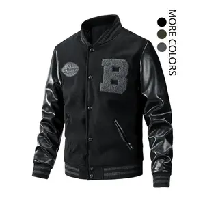 Men's Letter Patched Pocket Button Front Varsity Jacket, Casual Regular Fit Long Sleeve Stand Collar Pu Leather Jacket Coat for Fall Winter, Men's Clothing, Men's Clothing, Men Designer Clothes, Pu Leather Finish Letter Jacket Men