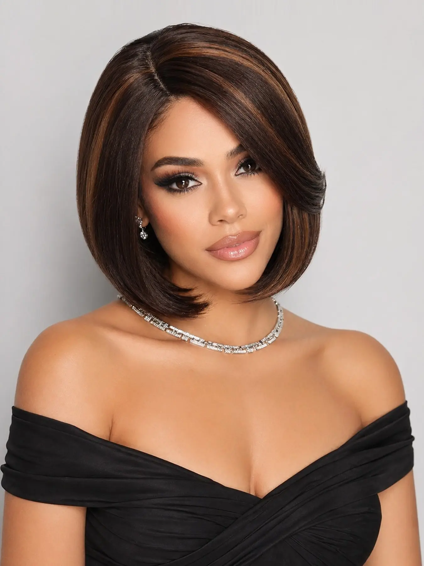 Short Side Part Bob Wigs, Straight Highlight Hair Wig, Bowl Cut Cosplay Wig, Party Wigs, Heat Resistant, Natural Looking, Synthetic Full Wigs for Women, Sleek Bob Wig