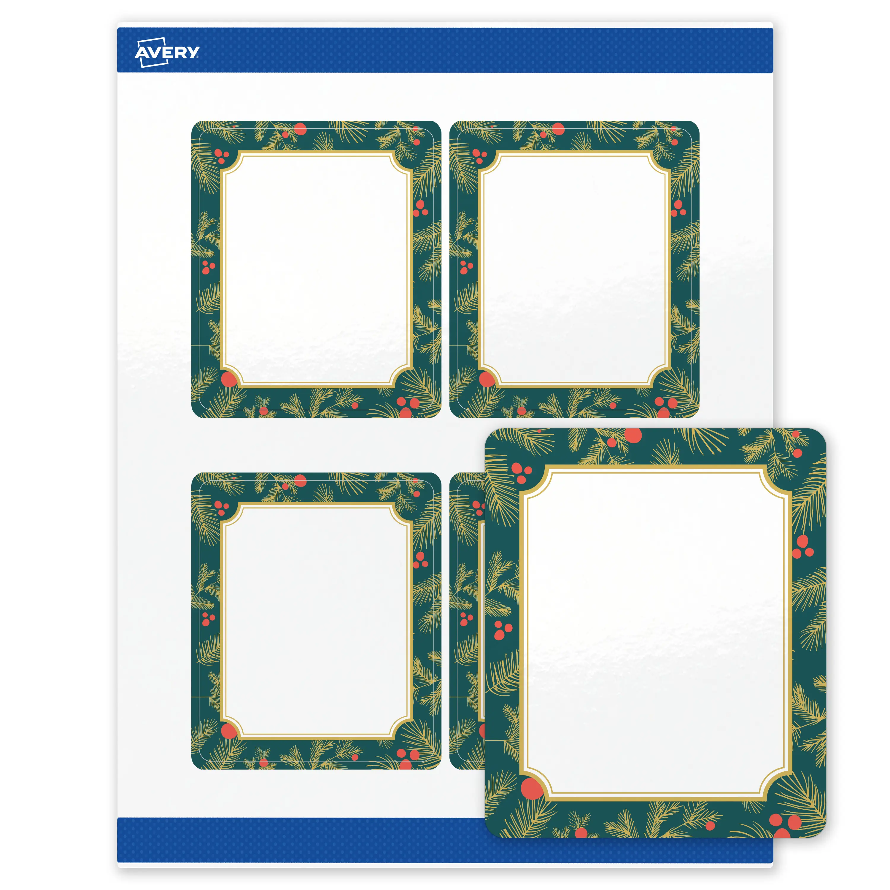 Avery® Printable Christmas Labels with Sure Feed® Technology, Rectangle, 4" x 3-1/3", Pre-Printed Teal & Metallic Gold Border with Holly Design, Glossy White, Laser & Inkjet Compatible, 40 Total