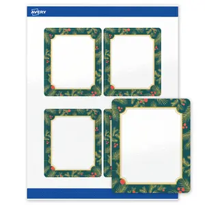 Avery® Printable Christmas Labels with Sure Feed® Technology, Rectangle, 4" x 3-1/3", Pre-Printed Teal & Metallic Gold Border with Holly Design, Glossy White, Laser & Inkjet Compatible, 40 Total