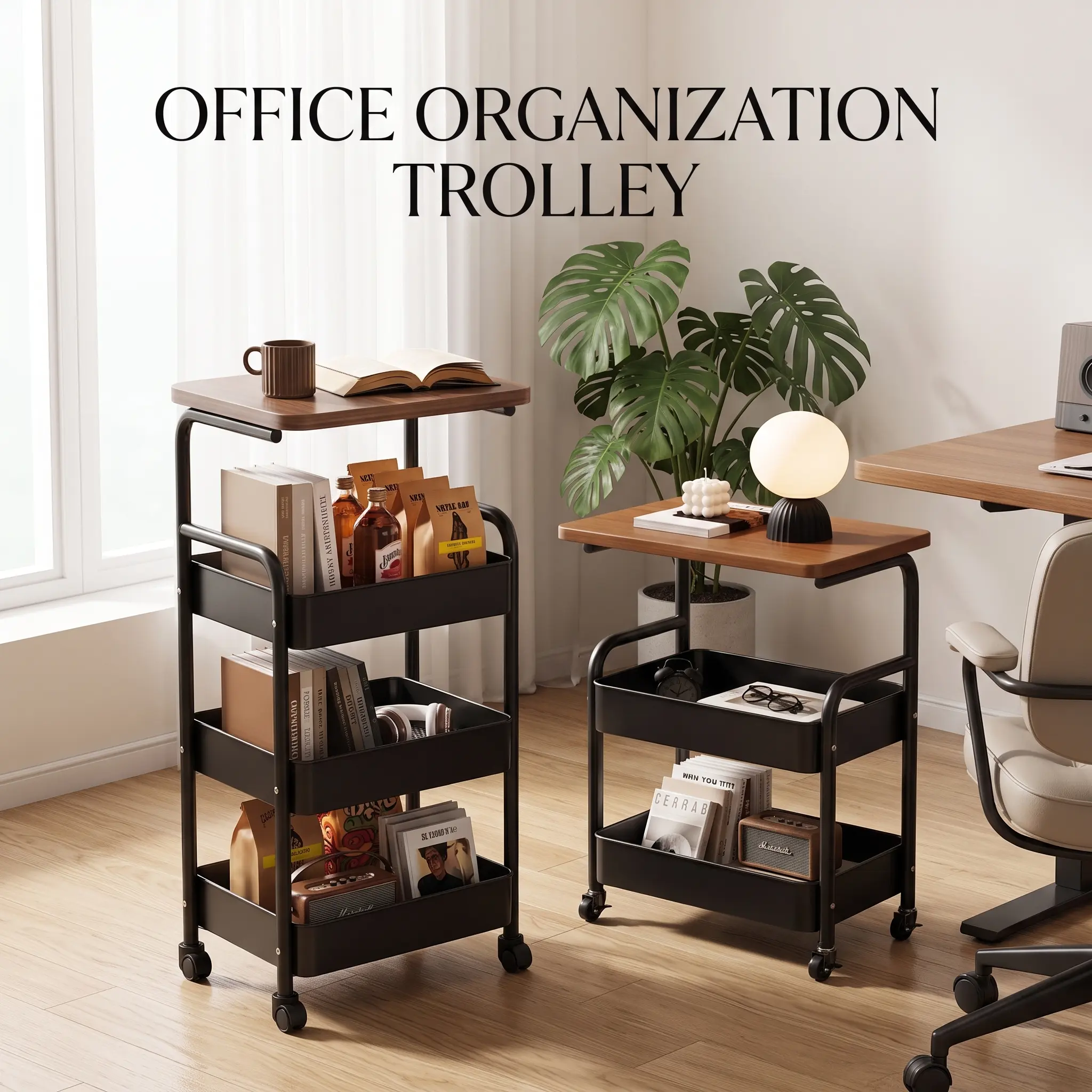 Office Organization Trolley with Multiple Shelves and Wheels for Efficient Storage and Mobility，Mesh Basket Rolling Storage Organizer with Lockable 360° Casters, Multi-functional Printer Stand, Under Desk Storage Rack for Home Office & Study,