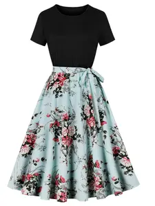 Women's Floral Print Knot Pleated Vintage A Line Dress, Elegant Round Neck Short Sleeve Midi Sundresses for Beach Holiday Vacation, Dresses for Women, Summer Dresses 2024, Ladies Summer Clothes