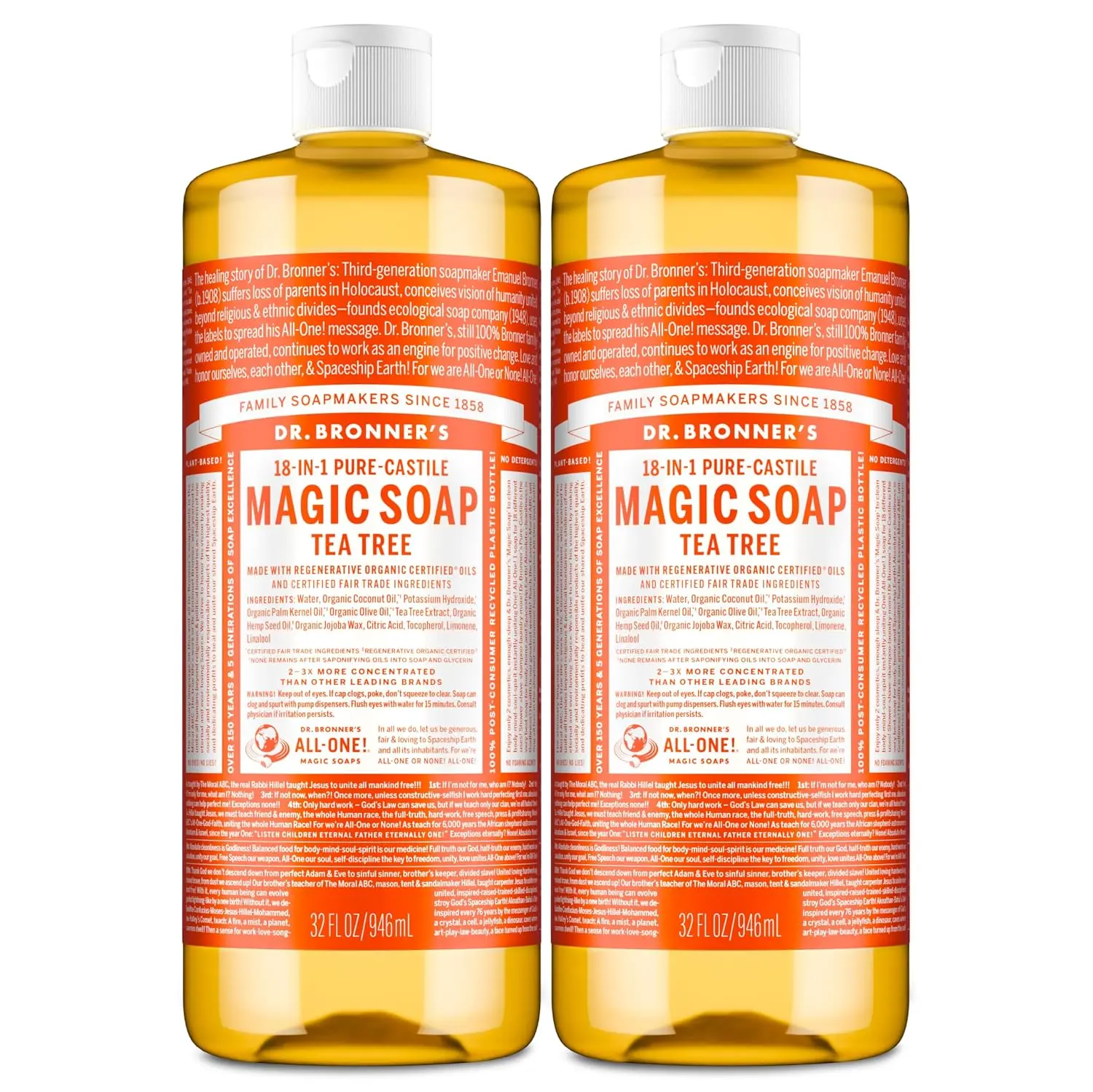Dr. Bronner's Tea Tree Pure-Castile Liquid Soap, Hand Soap, 32 oz 2-Pack | 18-in-1 Uses: Body Wash & Hand Soap for Men and Women, Shampoo, Face, Laundry, Floors, Cars, Pets - Fair Trade & Organic Oils