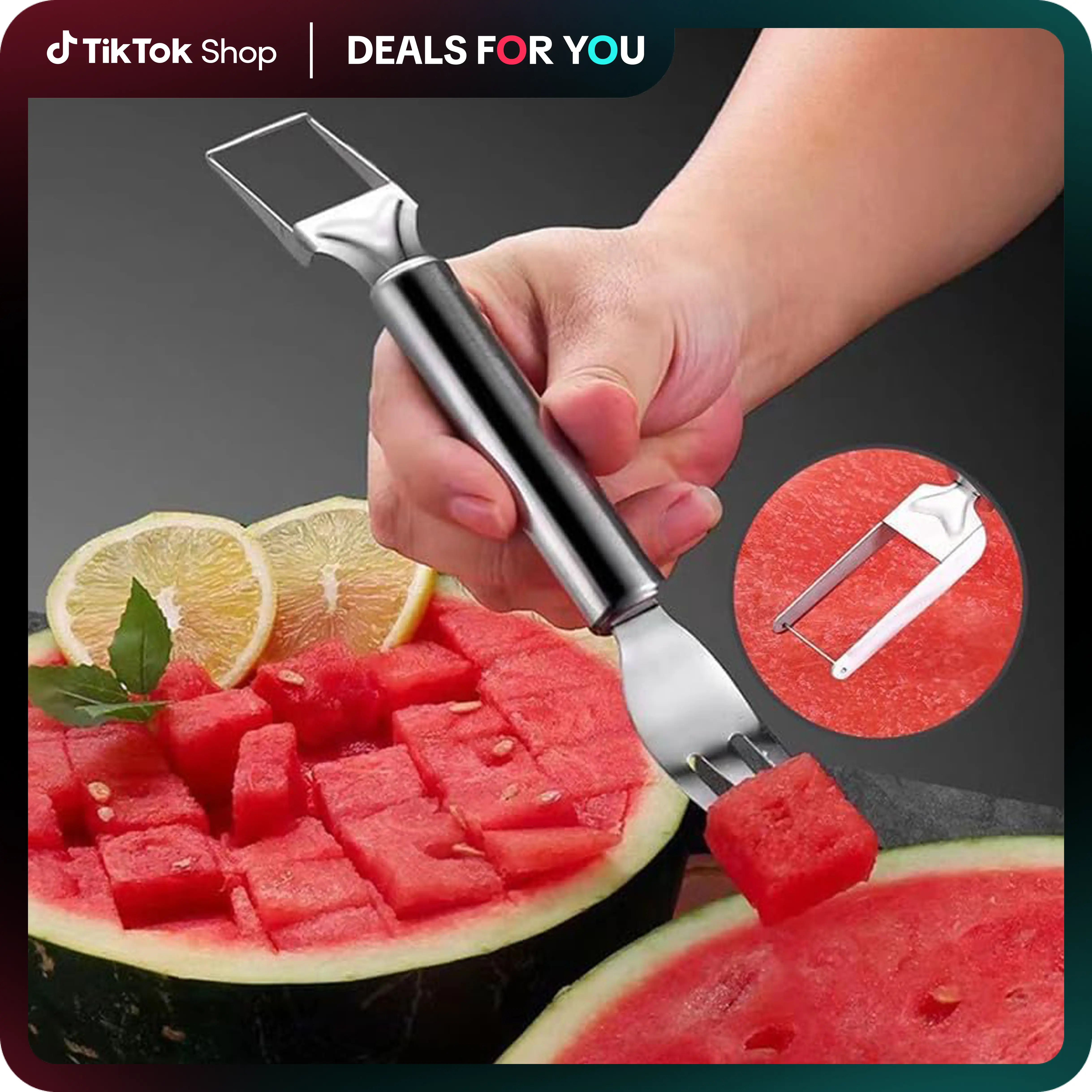 Watermelon Fork Slicer Cutter Slicer Tool, 2 - in - 1 Stainless Steel Fruit Cutter, Dual Head Fruit Forks Slicer Knife with Round Handle,Fruit Cutting