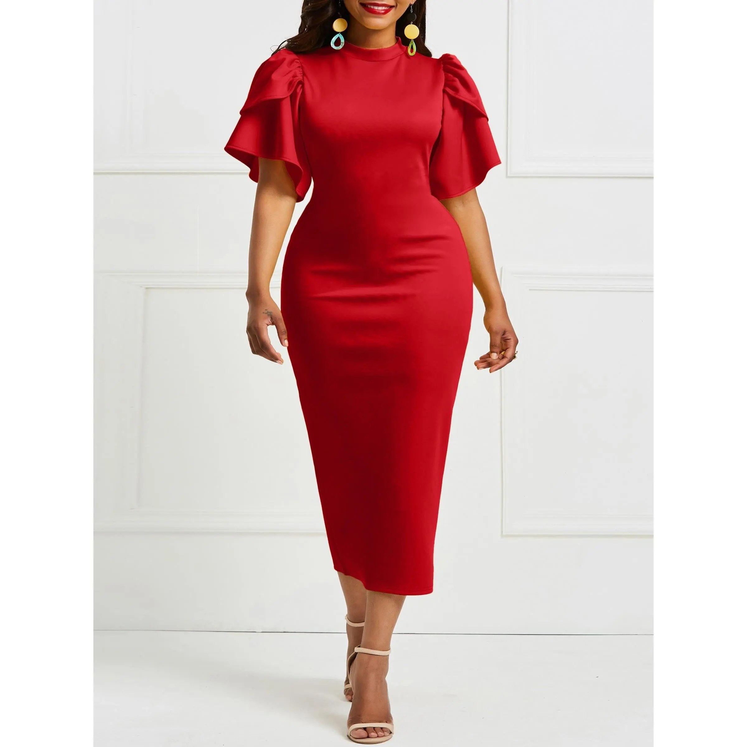 Women'S Elegant Green Ruffle Sleeve Midi Dress - Stretchy Polyester, Crew Neck, Long Sleeve, Summer Chic, No Women'S Elegant Green Ruffle Sleeve Midi Dress - Stretchy Polyester, Crew Neck, Long Sleeve, Summer Chic, No