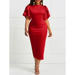 Women'S Elegant Green Ruffle Sleeve Midi Dress - Stretchy Polyester, Crew Neck, Long Sleeve, Summer Chic, No Belt, Perfect for Casual or Formal Occasions, Formal Wear |   Ruffle Sleeve Dress |   Comfortable Fit