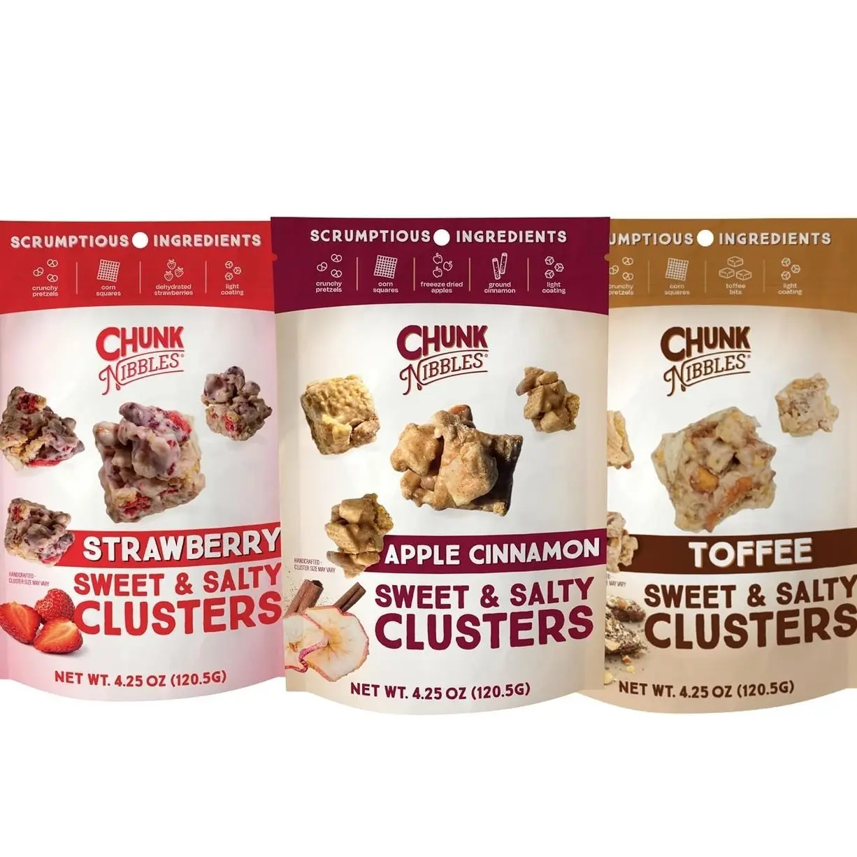 Chunk Nibbles Variety Snack Pack - Strawberry, Apple Cinnamon, Toffee Clusters - Gourmet Sweet & Salty Treat - Handcrafted, No Artificial Colors - 4.25oz Resealable Pouch (3 Pack)