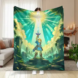 Link Zelda flannel blanket， featuring iconic Master Sword and Triforce symbols， ultrasoft， cozy， breathable， durable， perfect for gamers， fantasy enthusiasts， living room decor， bedroom accent， sofa throw， travel companion， and unique gift idea.