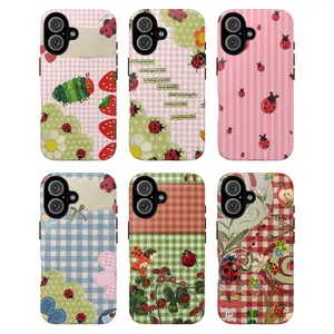 Ladybug Gingham Phone Case, Cute Red Black Ladybug Design Pink Blue Green Beige Checkered Strawberry Floral Caterpillar Patchwork Nature Theme Whimsical Feminine Soft Artistic Retro Aestheticfor iPhone 17 17 Pro Max 17 Pro 17 16 15 14 13 12 11