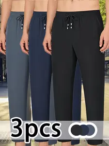 3 Pcs Men's Lightweight Straight Leg Relaxed Fit Pants, Breathable Casual Business Wear, Dark, Light, Blue, Outdoor, Hiking, Daily Wear, Casual Fashion Trousers