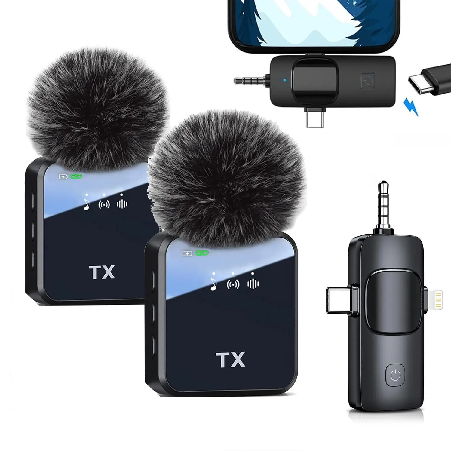 Wireless lavalier microphone, Usb rechargeable mic, plug and play, no need for APP, noise reduction, mute button, Noise cancelling mic, dual USB-C/Lightning receivers, laptop microphone, compatible with IOS, Android phones, PC live streaming and record