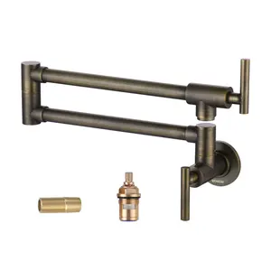 WOWOW Solid Brass Retro Wall-Mount Stove Tap, Double Handle Double Joint Rotatable Folding Pot Filler with Faucet Aerator, Water-Saving Kitchen Over-Stove Fixture, Double Handle Faucet