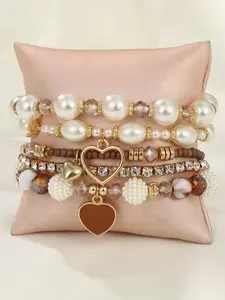 Women's 5-Piece Pearl & Crystal Beaded Bracelet Set, Elegant Multilayer Design, Stackable Bracelets, Perfect Gift for Her, Stylish Jewelry Accessory, Crystal Bracelets, Bangles Bracelets Set